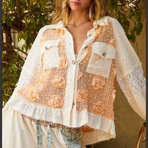 P4058–(🚨New colors and price drop) POL Lace Floral Pearl Button Up Jacket